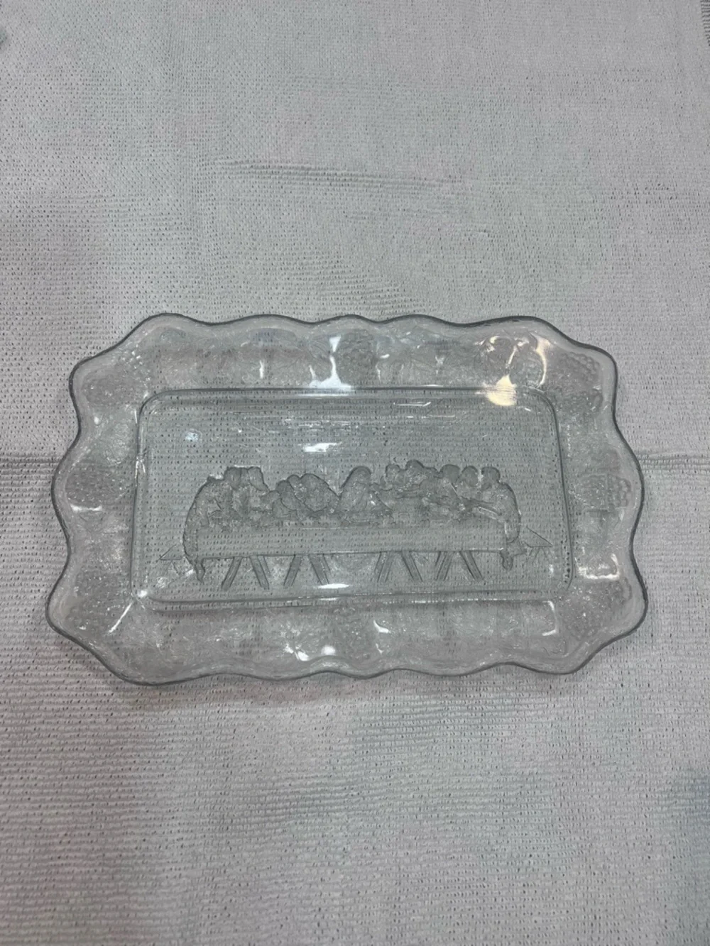 Last Supper Clear Pressed Glass Rectangular Tray with Scalloped Edge